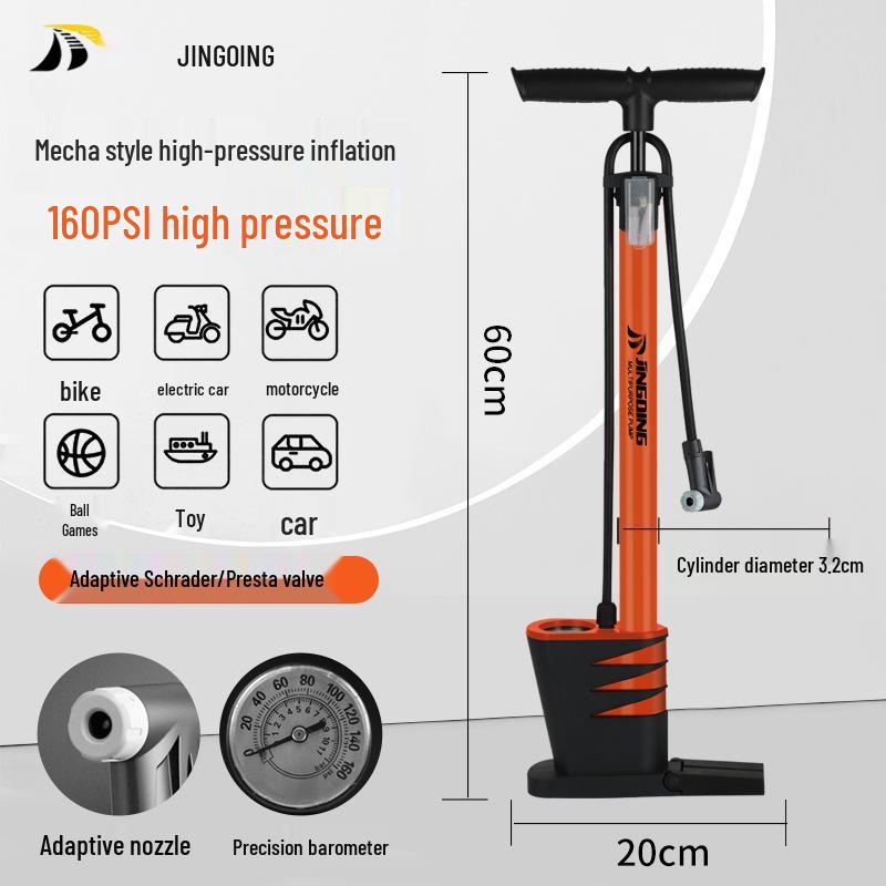 Jingding Universal Bicycle and Car Tire Inflator with Gauge High Pressure with Gauge, Foldable Base красный