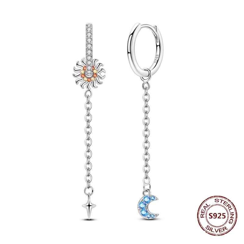 Shining Blue Zircon Owl Earrings 925 Silver Evil Eyes Earrings for Women Wedding Engagement Planet Moon Star Zirconia Jewelry