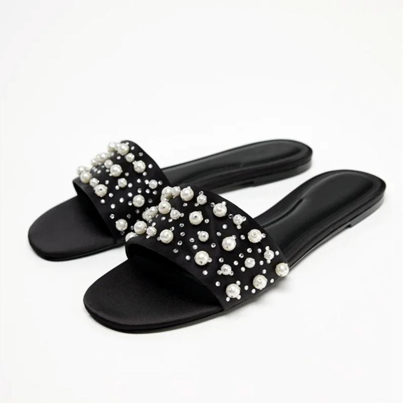 Fashion Sparkling White String Bead Decorative Women Slippers Luxury Pearl Design Peep Toe Slide Sandals Summer Comfortable Flat Sandals