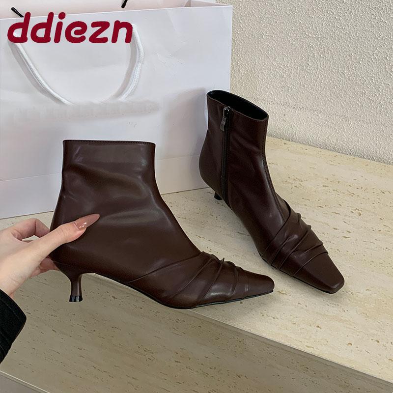 Fashion Fashion Low Heel Women Ankle Stretch Boots Zippers Shoes Pointed Toe Ladies Short Boots Shoes Female Pumps Footwear