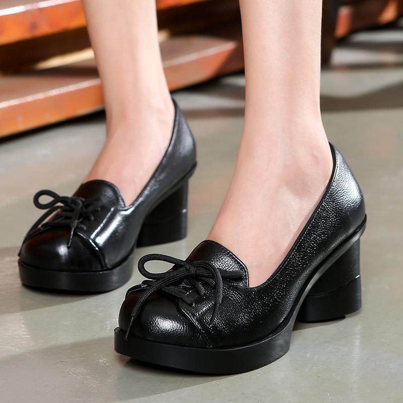 Fashion GKTINOO Spring Women Pumps Retro Lady 6CM High Heels Slip On Platform Pumps Handmade Women Genuine Leather Shoes