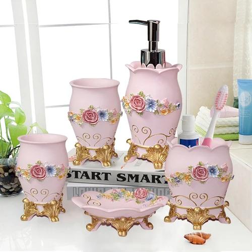 Resin Bathroom Set Toiletries Bathroom 5-piece Set with Rectangular Tray Lotion Bottle Toothbrush Holder Mouth Cup Soap Dish