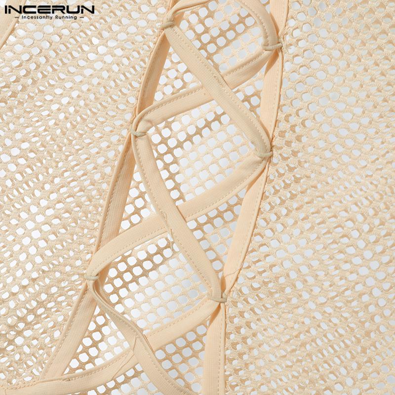 INCERUN Men Sleeveless Hollow Webbing See Through Cropped Tank Tops