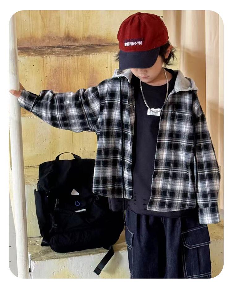 Boy's Spring & Autumn Plaid Hooded Long-Sleeve Shirt Jacket