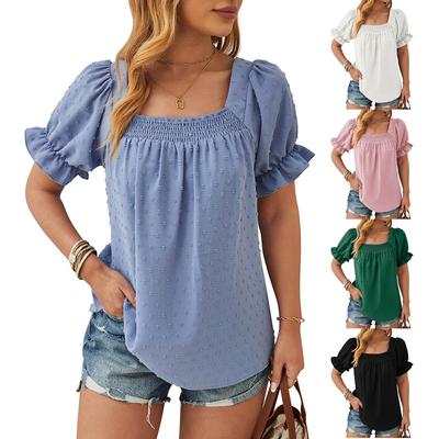 Spring Summer New Women's Chiffon Smocked Blouse, Square Neck Short Sleeve Top with Pom Poms, European American Style Casual Shirt for Women