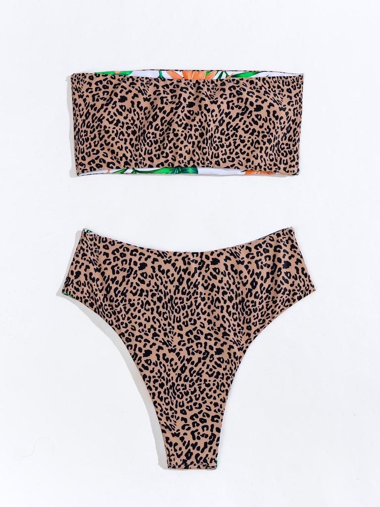 2024 Summer Double-Sided Print Bandeau High Waist Backless Bikini Swimsuit