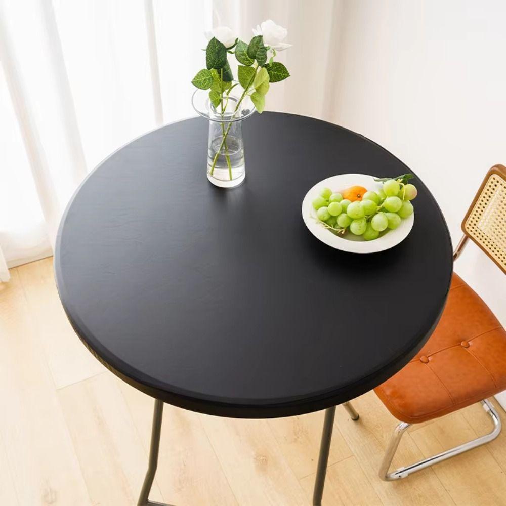 PU Leather Stretch Tablecloth Oil Proof 60/80cm Round Table Cover Elastic Edged Stretchable Elastic Table Cover Dining Table