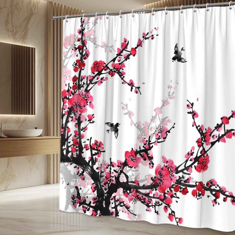 Chinese Ink Plum Blossom Shower Curtain Red Flowers Birds Artistic Design Eastern Aesthetic Decor Waterproof Quick Setup