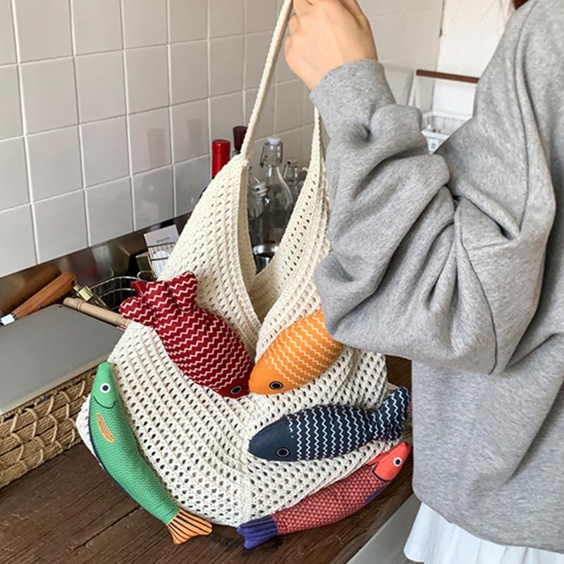 Nuova Borsa a Shopper all'Uncinetto Carina a Forma di Pesce Grande Capacità Borsa a Spalla Intrecciata Casual Multicolore Borsa Lavorata a Maglia Fatta a Mano
