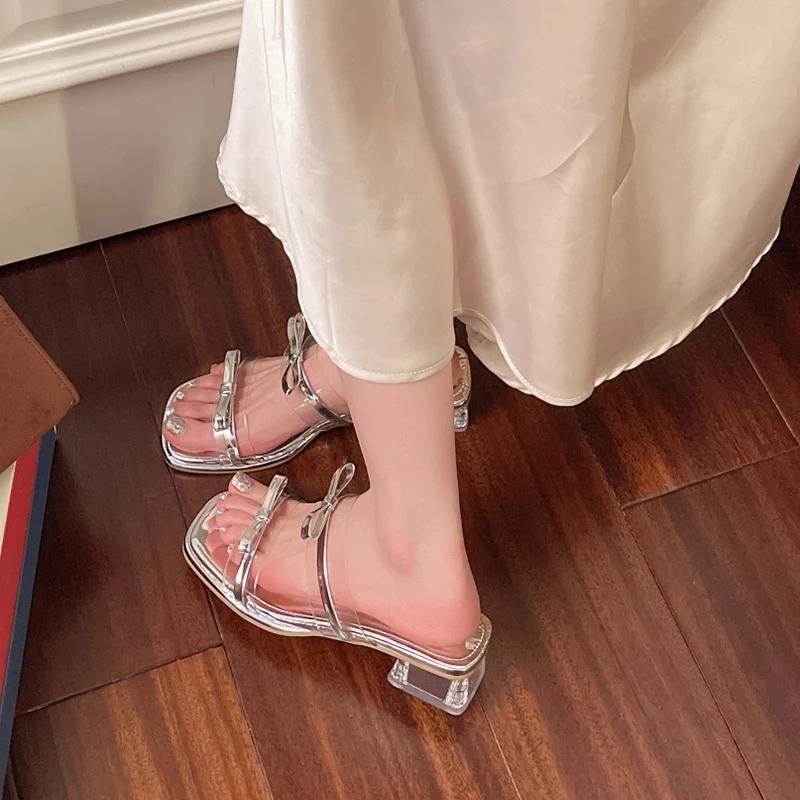 Mode Beige Transparente Sandalen mit quadratischem Absatz Damen Party Bankett Schleife High Heel Schuhe Frau Sommer PVC Quadratische Zehe Sandalias Mujer