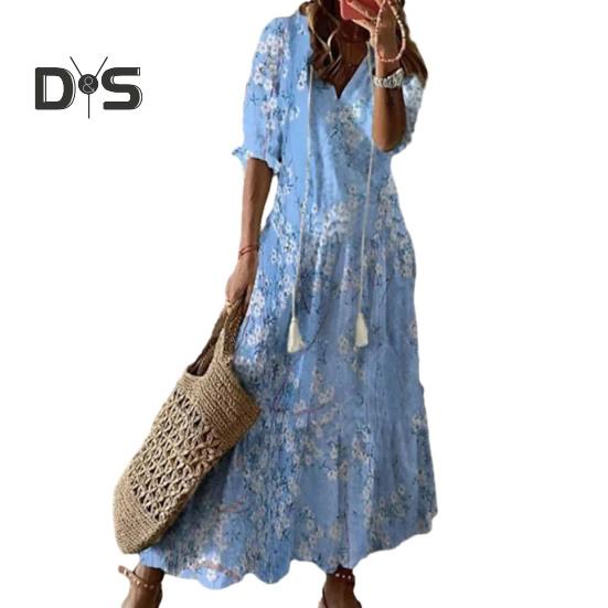

Женское платье с короткими рукавами и цветочным принтом, А-силуэт, свободный подол, V-образный вырез, мягкая длинная отделка кисточками, сборка, длина до щиколотки, пляжное платье макси для отпуска 3XL синий