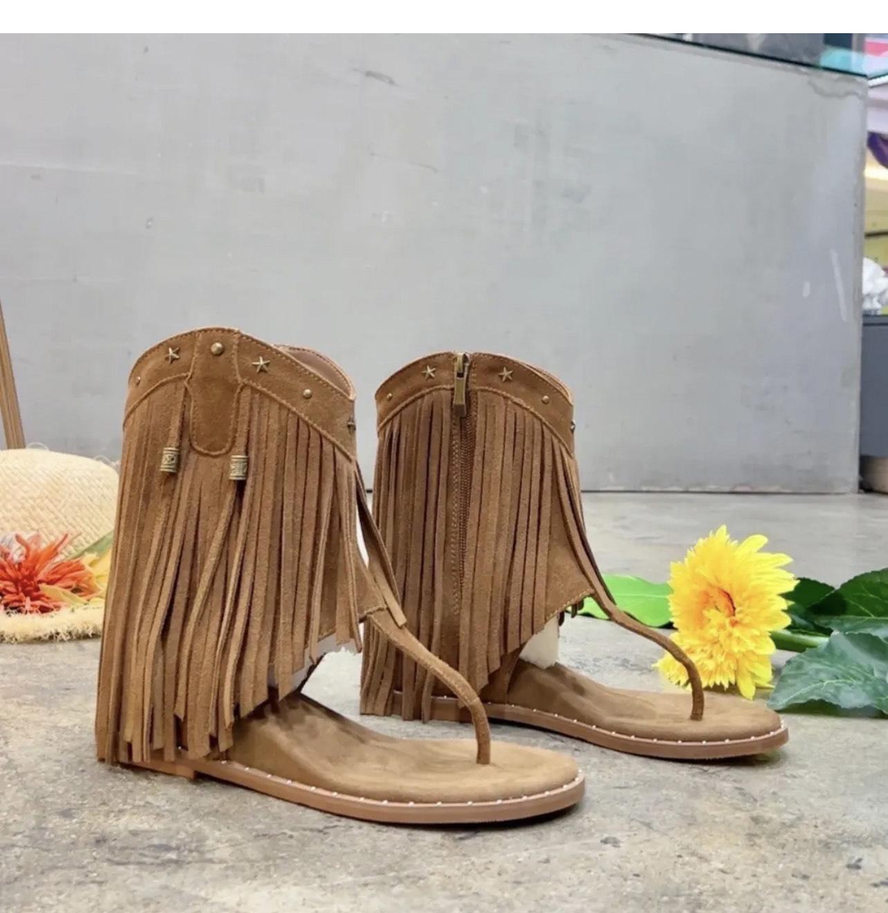 

Spot second hair! Herringbone pinch rivets tassel new summer open-toe side zipper inner height increase Roman cool boots women 40 коричневый