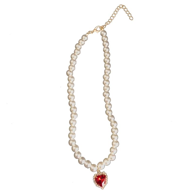 Romantics Rubys Heart Pendant Pearl Necklace Fashion Bohemia Pearl Bead Choker Jewelry Women Sparkling Clavicle Chain 1