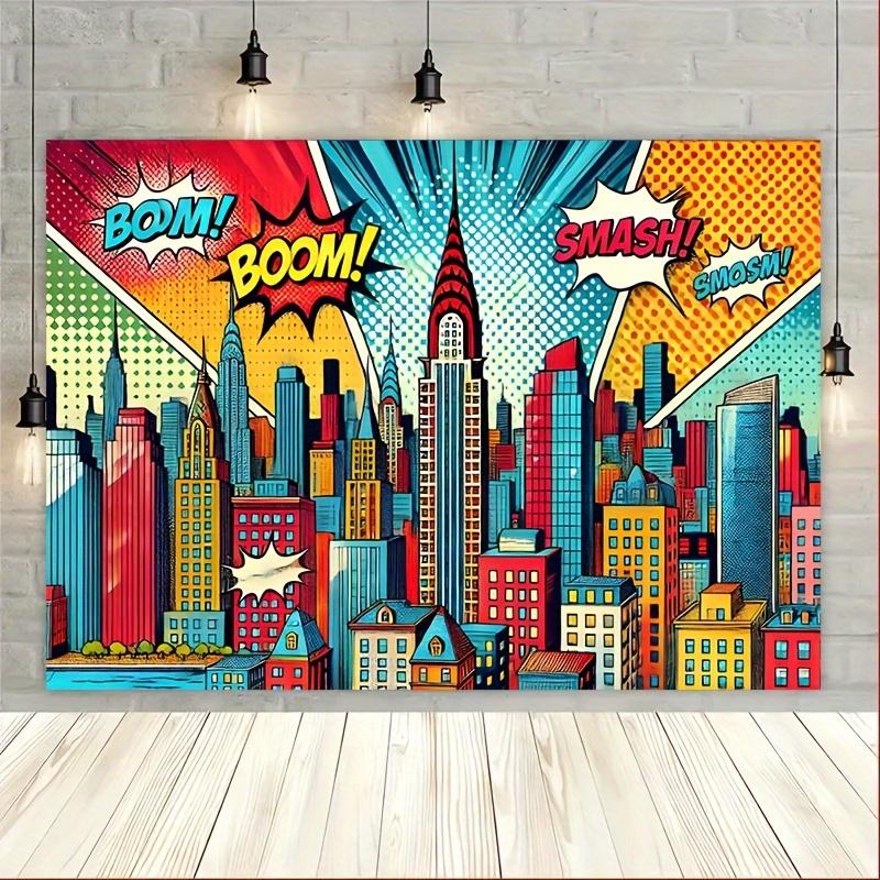 2D planar fabric, 2D planar banner fabric, 1 piece, brightly colored Pop Art urban landscape background fabric - easy to install