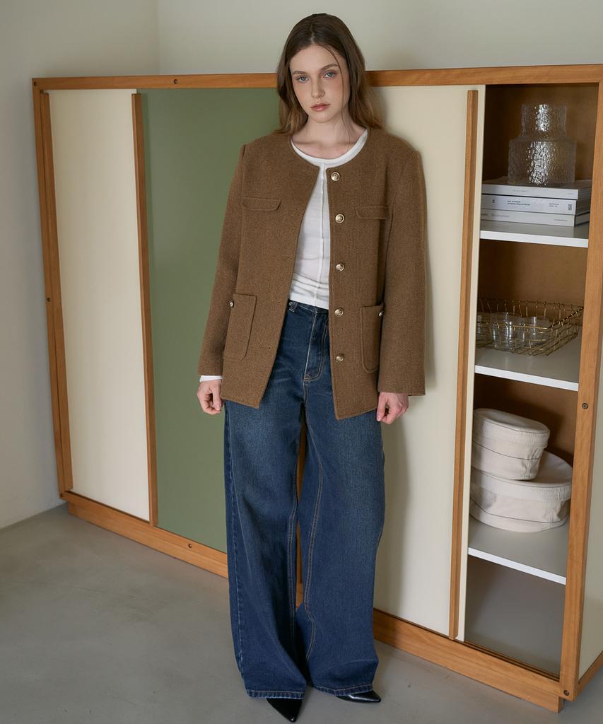 DEHEVE Classic Wool Collarless Jacket [Brown]