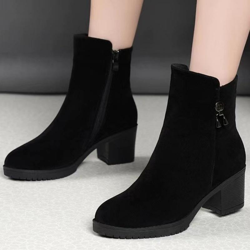 Suede Coarse Heel Round Head Martin Boots Women's Coarse Heel Short Boots British Frosted Leather Black Medium Heel One Pedal and Naked Boots