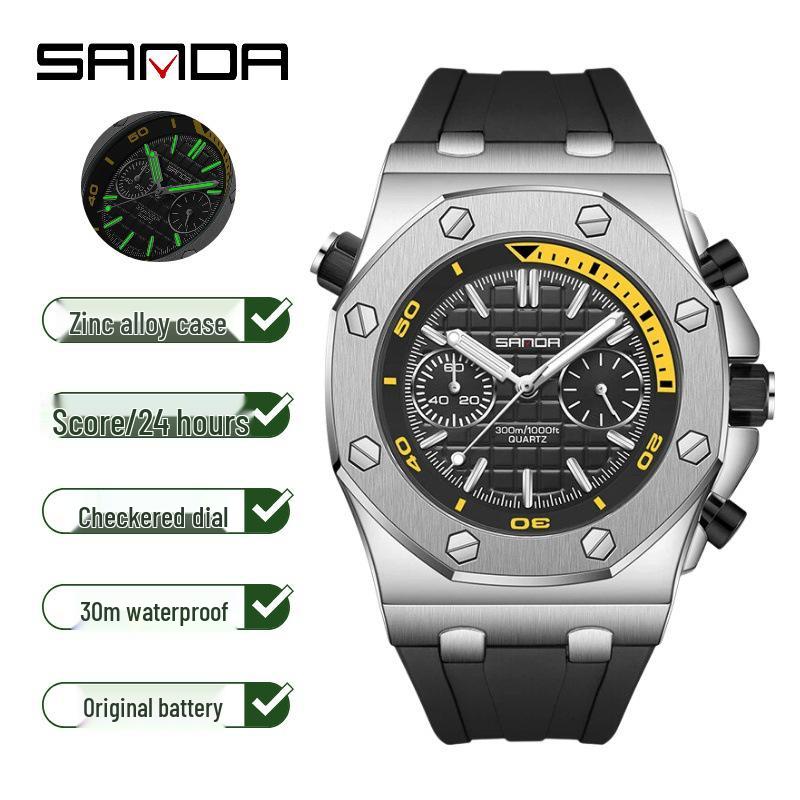 Sanda Men's Fashionable Multi-Functional Plaid Waterproof Luminous Quartz Watch