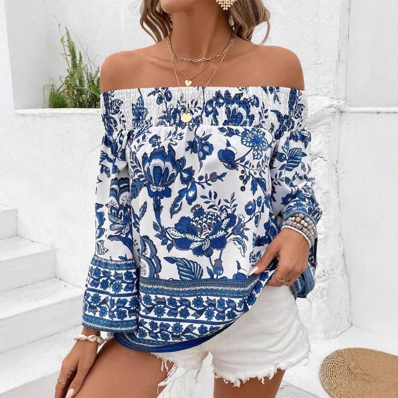 Women's Spring Summer One Shoulder Strapless Floral Print T-Shirt