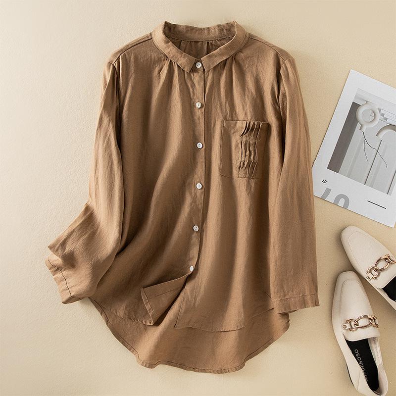 

Women s Spring 2026 Pleated Pocket Solid Color Long Sleeve Versatile Casual Shirt XL (125-140 lbs) темные хаки