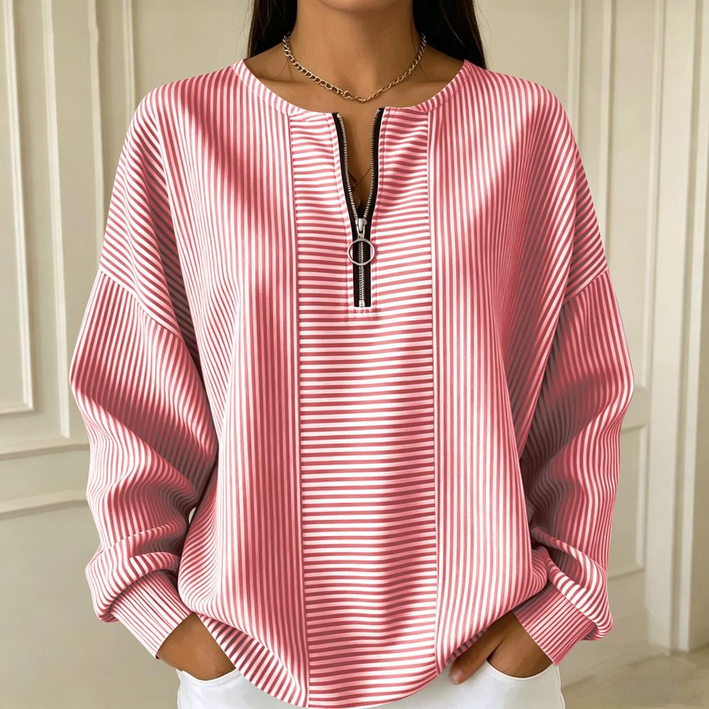 Women Striped Crew Neck Half Zip Loose Fit Long Sleeve Pullover Top Casual Lightweight Comfortable Blouse for Daily Wear