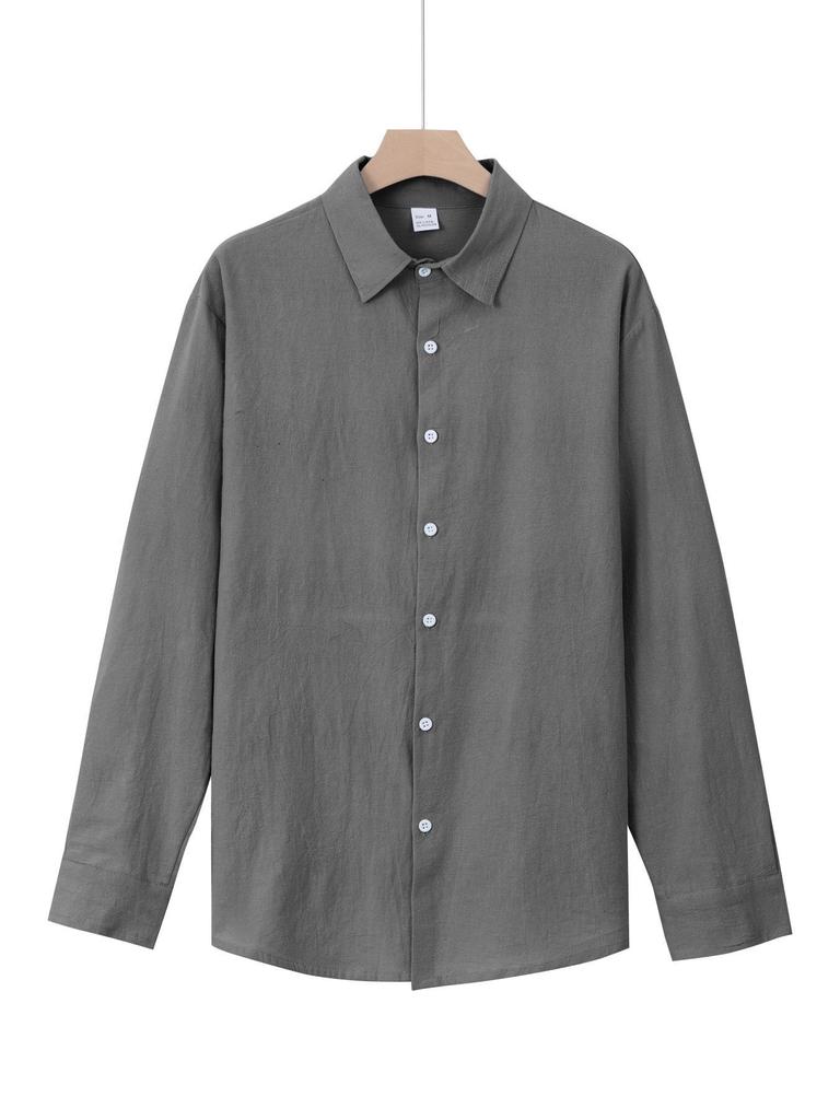 Men's European & American Linen Stand-Up Collar Cardigan Shirt - Solid Color, Long Sleeve, Casual, 2021