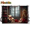 Mocsicka Christmas Background Photography Xmas Tree Red Curtain Window Gifts Bear Decor Family Holiday Party Baby Photo Backdrop