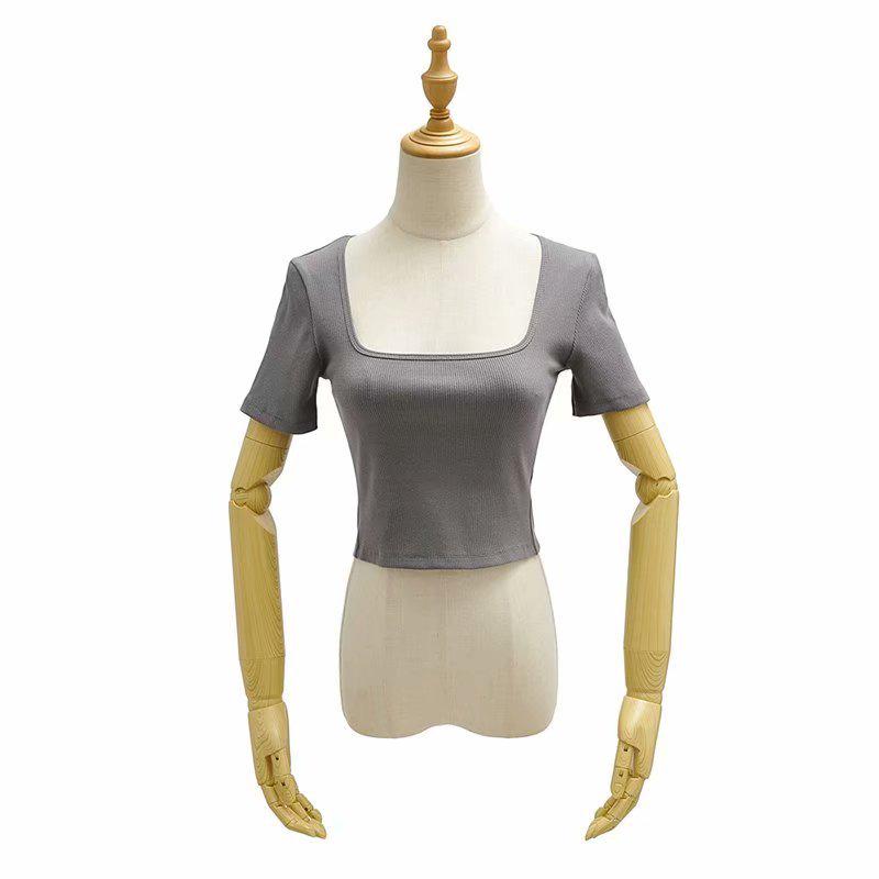 Women's European & American Style Crop Top: Generous Neckline, Tight Short Sleeves, Elastic, Sports Fitness Base Layer T-Shirt.