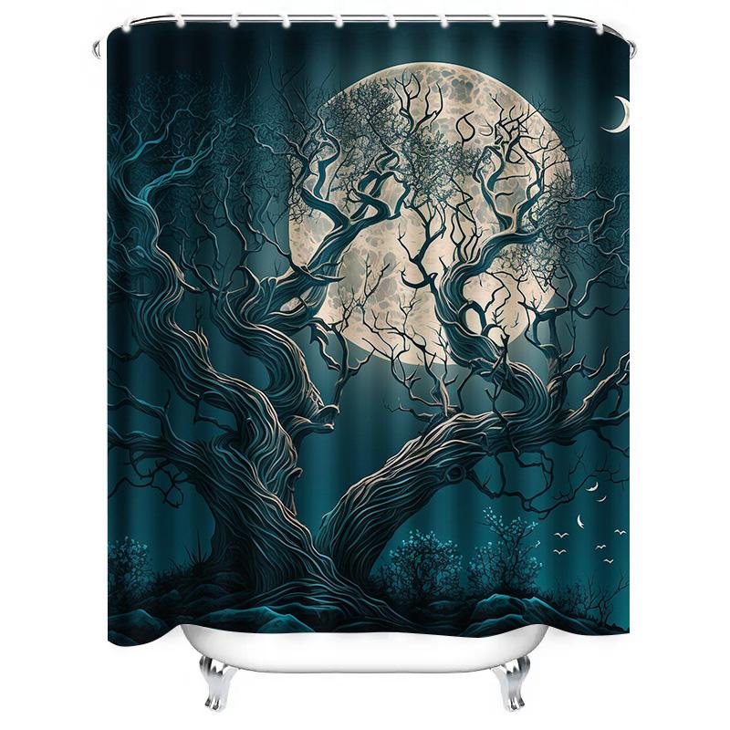 Tuniu Dark Moon Tree Night Forest Shower Curtain Bathroom Decor Unique Art Black Grey Design