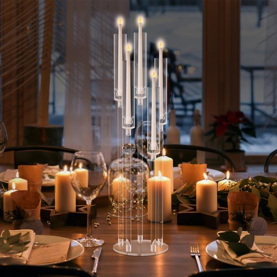 Candelabra Centerpieces, Tall Candelabra, Clear Candle Taper Candlestick Holder, 5 Arm Candlesticks Holder with Acrylic Shade, LED Candle for Wedding