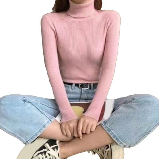Suéter Feminino Gola Alta Manga Longa Ajustado Tricô Tops Cor Sólida Tecido Macio Elástico Tops de Base Uso Diário