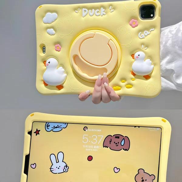 3D Cartoon Cute Duck Kids Case For iPad Mini Air 2 3 4 5 6/7 8th 9th 10th 10.9 11th A16 Pro 11" 12th A19 Silicone Tablet Protective Case Stand