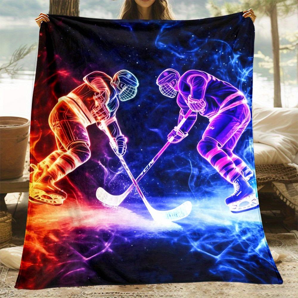 1 Stück Eishockeyspieler Neon Glow Kampfkampfdecke Sportfan-Decke Lebendiges Energie-Design Weiche Fleecedecke für Männer und Jungen
