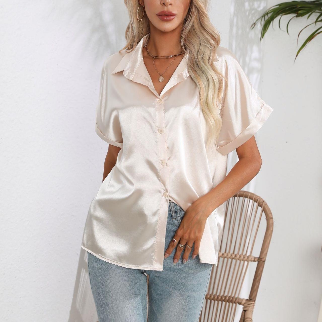 

GMXIA Летняя весенняя рубашка с закругленными рукавами и цветным рисунком для женщин, рубашка с короткими рукавами из искусственного шелка для женщин XXL шампанского