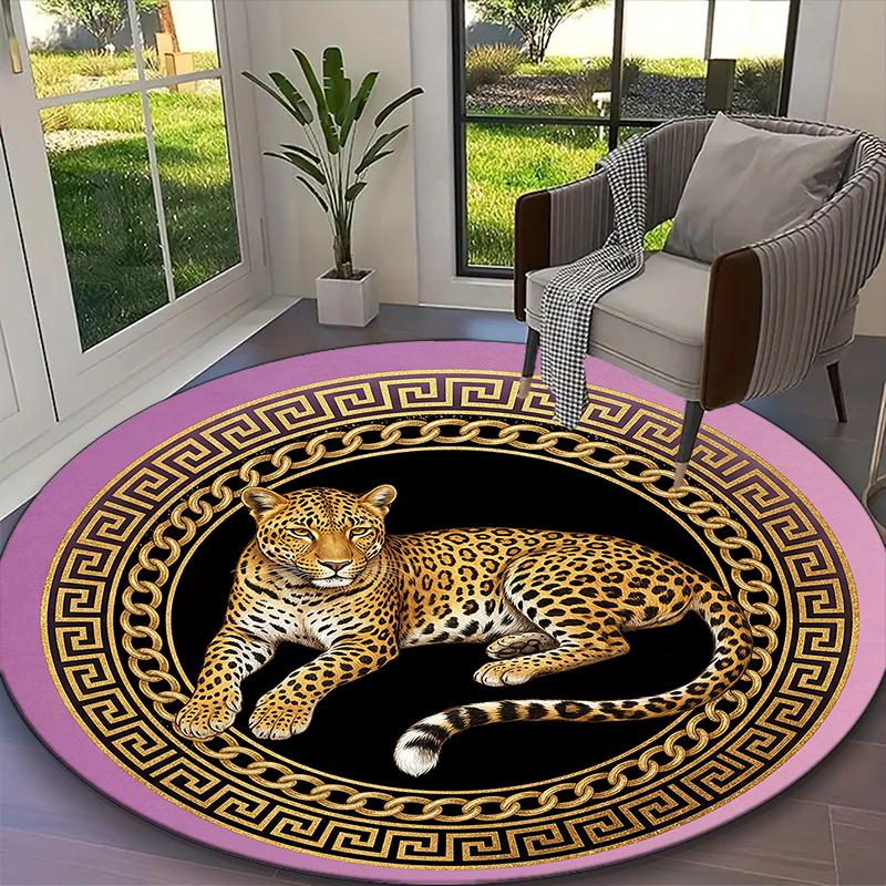 1pc Office Carpet, Golden Vintage Leopard Chair Rug, Living Room Printed Round Rug, Home Chair Floor Mat