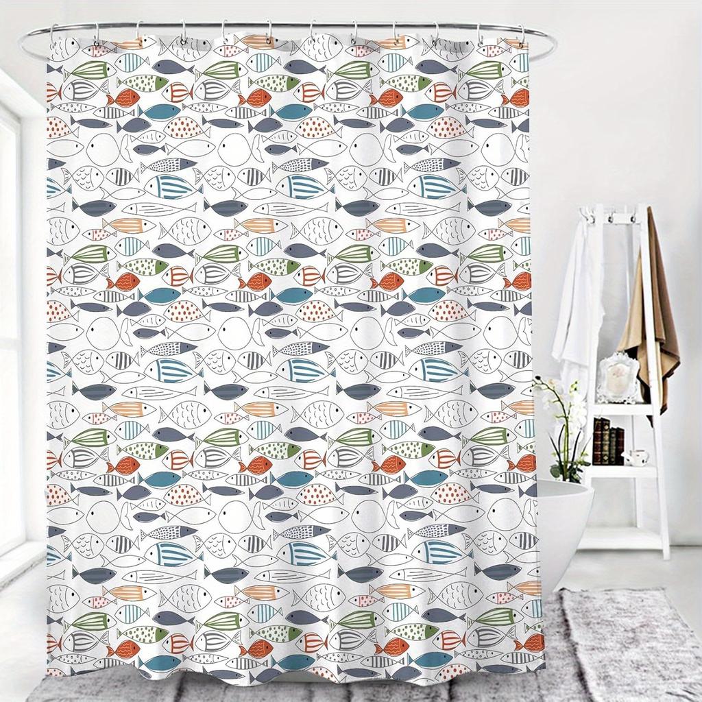 Modern Colorful Fish Art Shower Curtain - Ocean-Themed Design with Fish & Seashells, Waterproof Polyester for Bathroom Decor