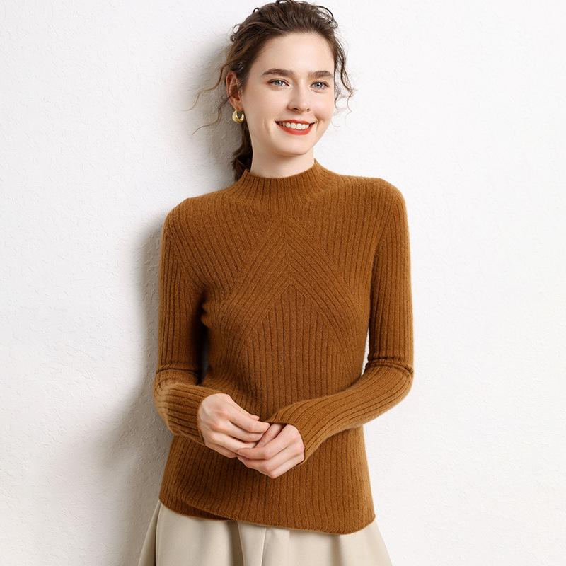 2024 Autumn/Winter Women's Ribbed Cashmere Sweater with Half-High Neck