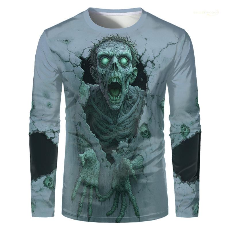 Horror Zombie Print Long Sleeve T-Shirt, Perfect for Halloween.