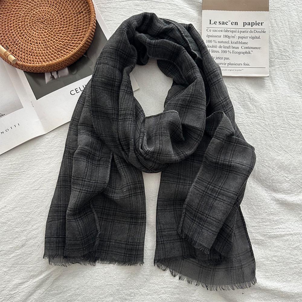 Korean Retro All-match Plaid Retro Style Women's Autumn New Style Cotton and Linen Literary Thin Shawl Scarf Dual-use