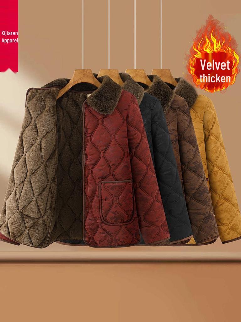 Stylish Floral Velvet-Enhanced Cotton Jacket for Middle-Aged Women - Short, Warm Autumn/Winter Wear for 50+.