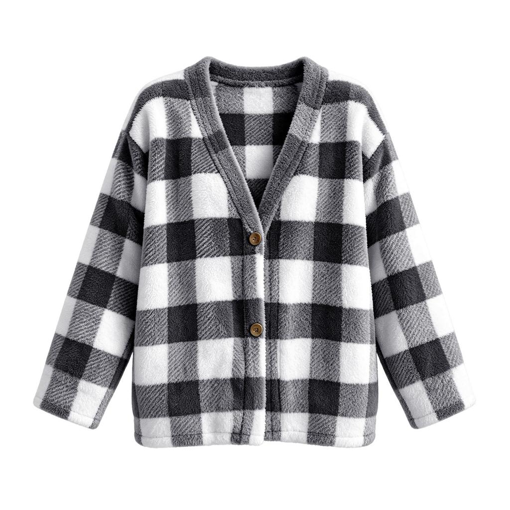 Women's Casual Plaid Cardigan V-Neck Loose Fit Open Front Jacket