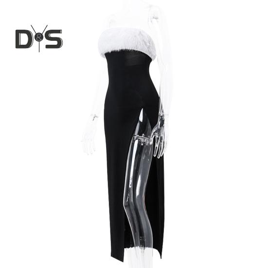 Women Evening Dress Off Shoulder Sleeveless Backless Collarless Bandeau Fluffy Faux Fur Decor Side Slit Cocktail Party Prom Maxi Tube Top Dress