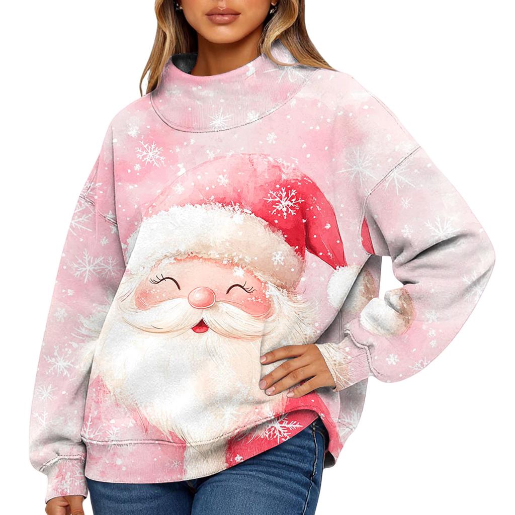 Ladies' Fashionable Christmas Printed Long Sleeved High Neck Sweatshirt Top