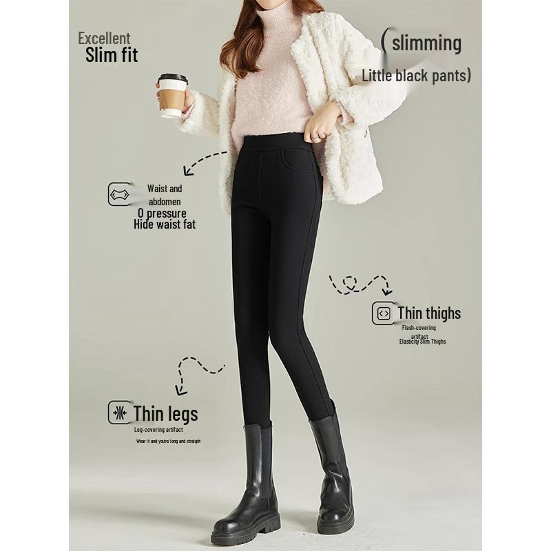 Women's High-Waist Black Wool-Lined Leggings - Warm, Thick, Velvet, Autumn/Winter 2025