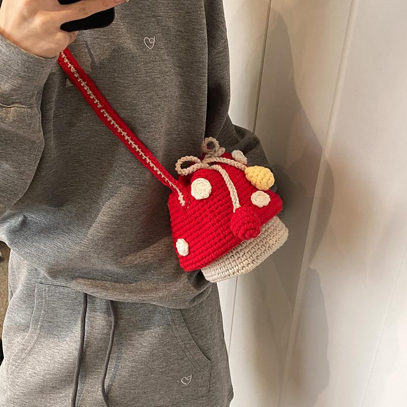 Mushroom Delightful Pattern Knitted Drawstring Bag For Children Unisex And Design Playful