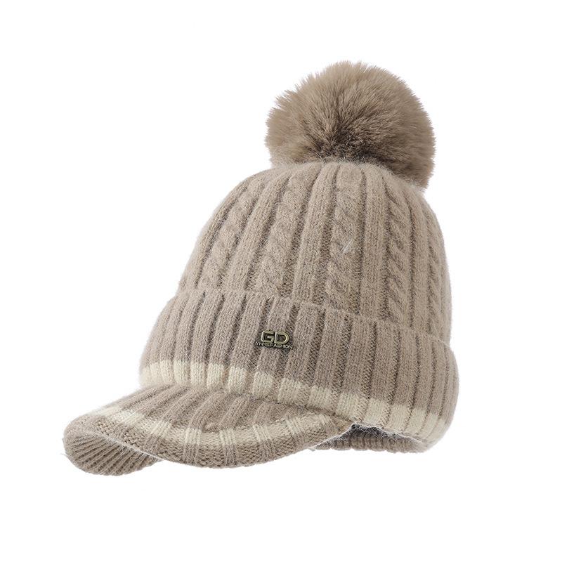 Korean Version of Versatile Wool Ball Plus Velvet Thickened Warm Hat Autumn and Winter Outdoor Leisure Cold-proof Duckball Cap Knitted Wool Cap