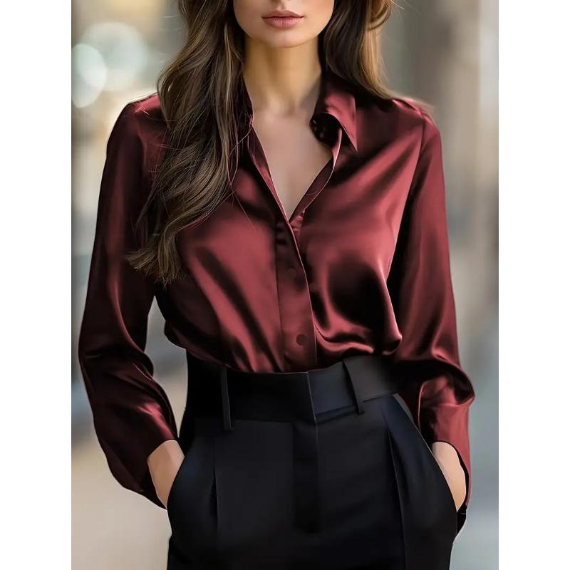 DAFIFY Women's Fashion Casual Spring Autumn Solid Color Print Long Sleeve POLO Neck Blouses & Shirts