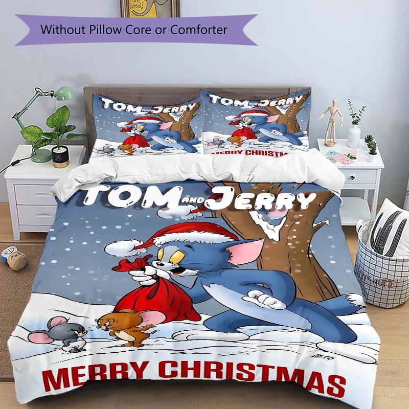 

3pcs Merry Christmas Adventure Tom and Jerry Printed Duvet Cover Set (1 * Cover+2 * Pillowcase, Without Core), Suitable for Home Bedroom, Guest R 135x200cm
