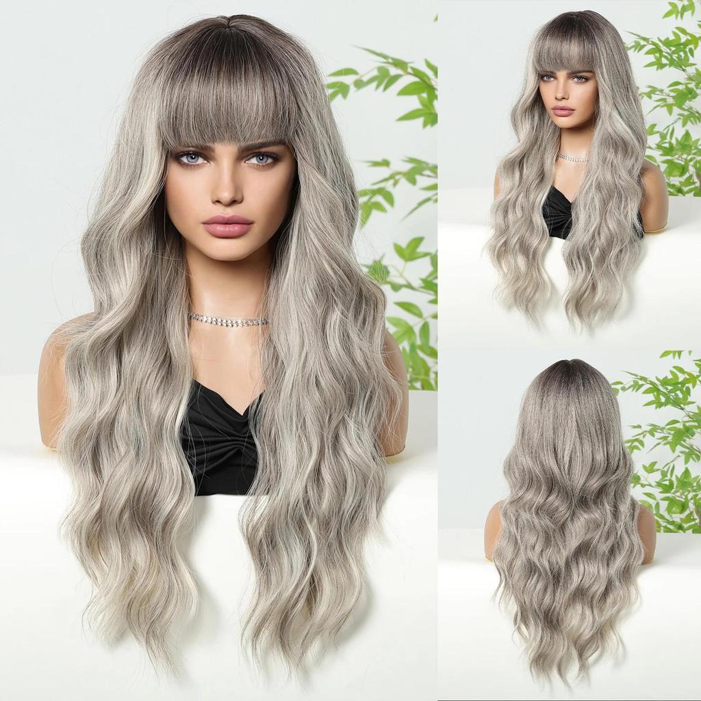 ALAN EATON Light Ash Blonde Wavy Synthetic Wigs Long Ombre Fake Hair Wave Wig with Bangs Heat Resistant Daily Wig for Women Use
