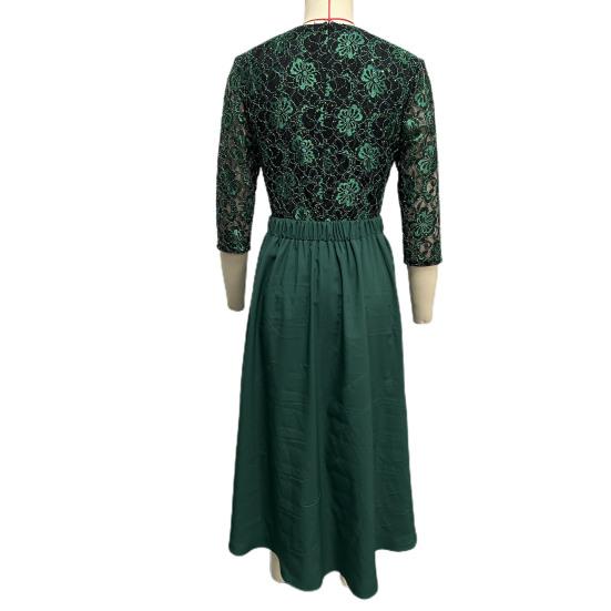 2 Pcs/Set Women Prom Dress Skirt Set Hollow Out Lace Ruffle Hem High Waist Round Neck Three Quarter Sleeve Ankle Length Banquet Maxi Dress