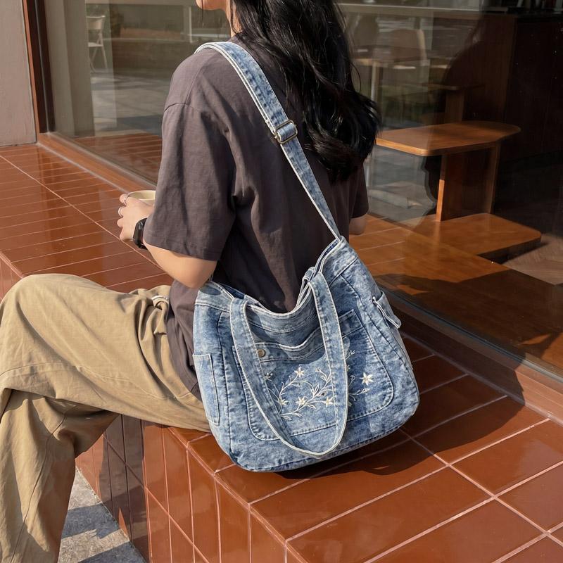 Vintage Haftowana Jeansowa Torba Tote dla Kobiet Duża Pojemność Casualowa Torba na Ramię